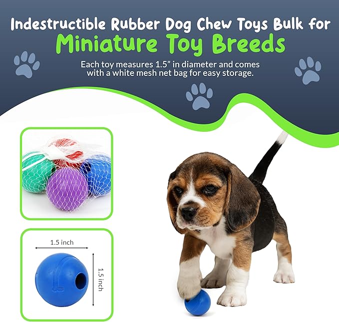 Balls for Aggressive Chewers - Small Dogs and Puppies - 1.5 Inch - 4 Pack - Indestructible Rubber Dog Chew Toys Bulk for Miniature Toy Breeds
