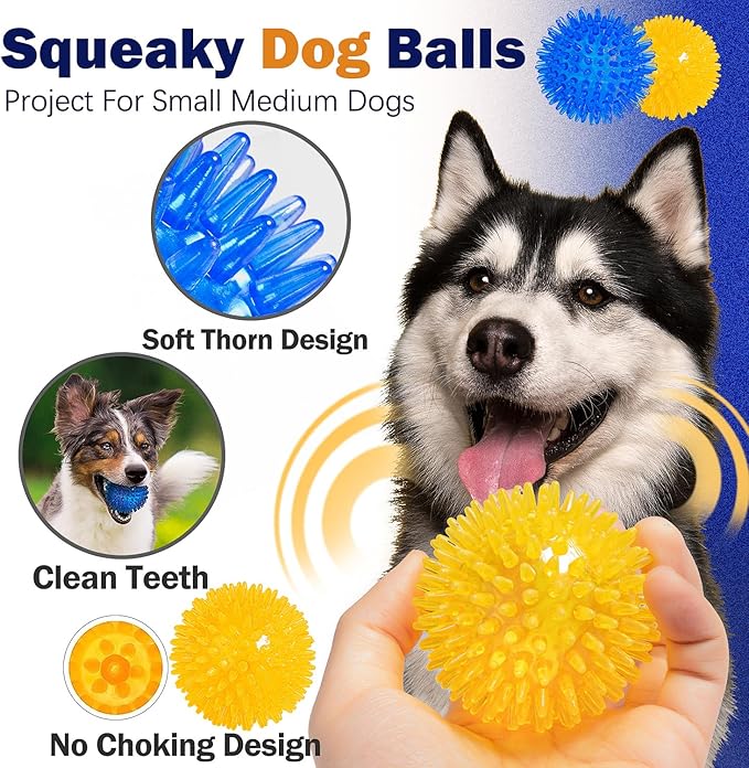 2.5'' Dog Balls for Aggressive Chewers Small Medium, Puppy Chew Toys for Teething, Tennis Spiky Dog Ball Squeaky Training Chuck It Toy for Dogs Puppies (4 Balls)