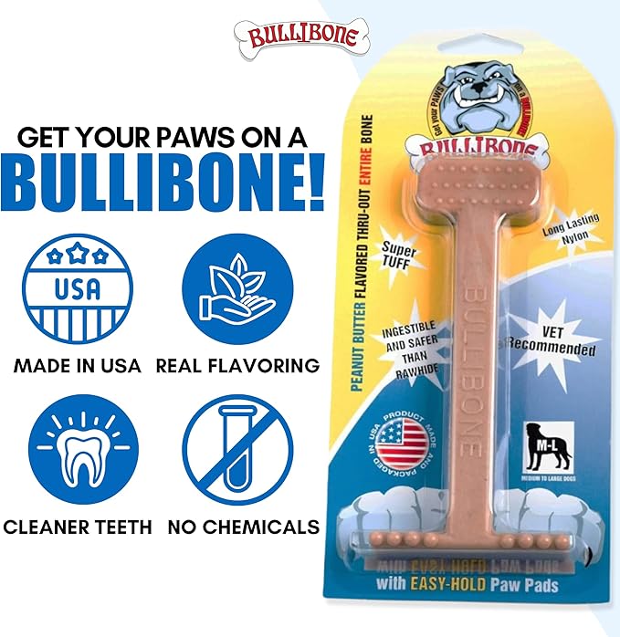 Bullibone Nylon Dog Chew Toy Nylon Bone - Improves Dental Hygiene, Easy to Grip Bottom, and Permeated with Flavor (Peanut Butter, Large - 3 Pack)