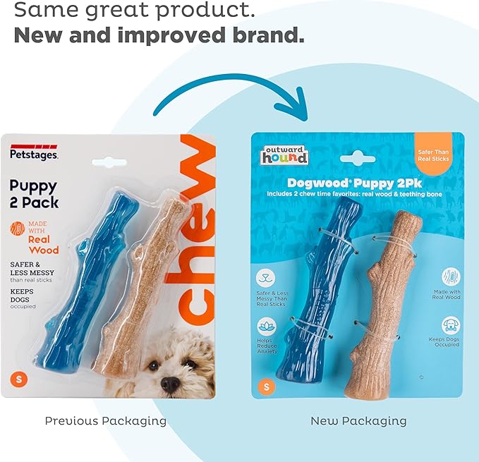 Outward Hound Dogwood Puppy Durable Dog Chew Toys, Real Wood & Teething Bone, 2-Pack, Small