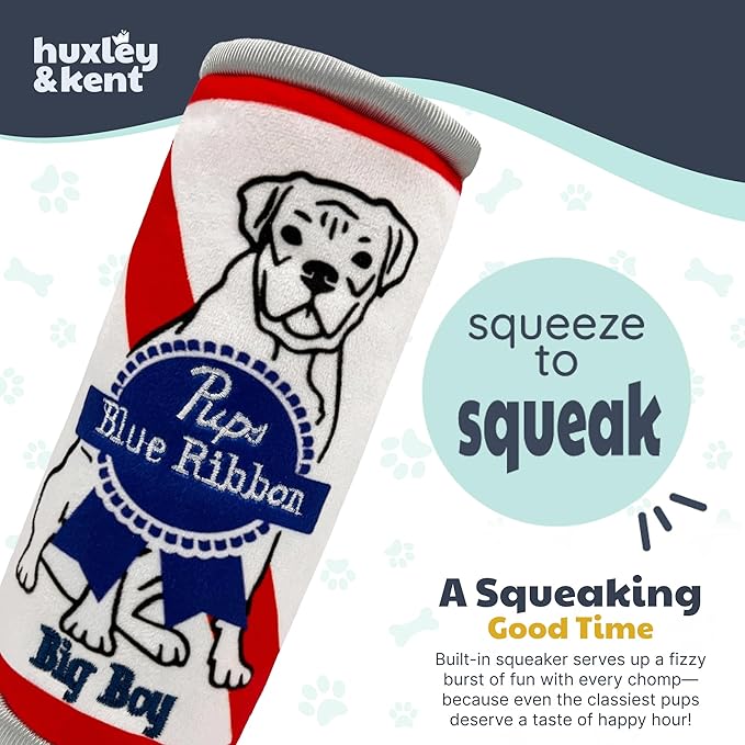 Huxley & Kent Funny Dog Toy w/Squeaker – Power Plush Squeaky Dog Toys for Small, Medium & Large Dogs – Soft Stuffed Animal for Indoor Play & Fetch - Pups Blue Ribbon, Small