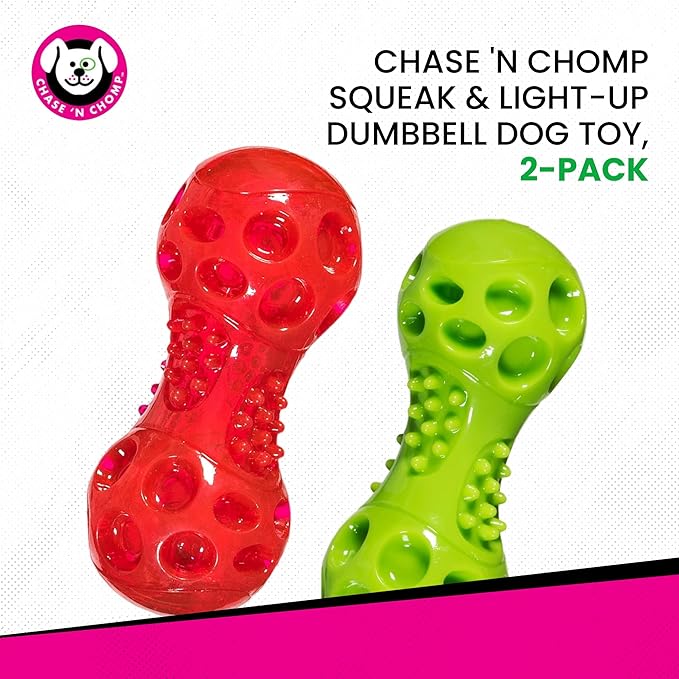 Chase 'n Chomp Squeak and Light Up Dumbbell Dog Toy, Mental & Physical Stimulation, Large, 2 Pack