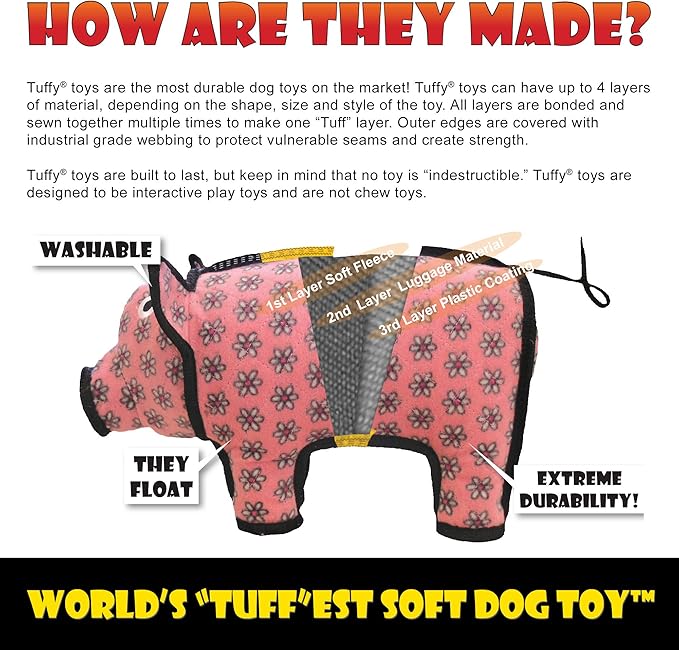 TUFFY - World's Tuffest Soft Dog Toy - Zoo Bear - Squeakers - Multiple Layers. Made Durable, Strong & Tough. Interactive Play (Tug, Toss & Fetch). Machine Washable & Floats. (Junior 2 Pack)