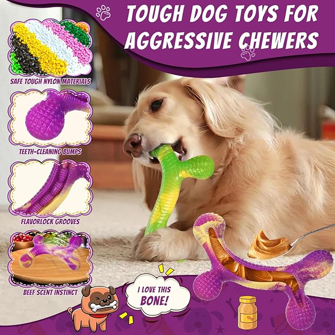 Dog Toys for Aggressive Chewers 2 Pack, Indestructible Dog Toys for Large Dogs, Tough Dogs Chew Toy to Keep Them Busy, Beef Flavored, Gifts for Large Medium Breed