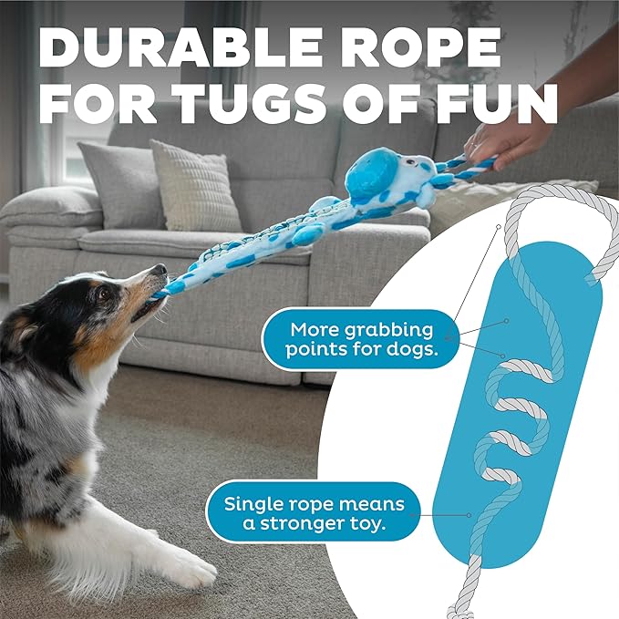 Outward Hound Ropiez Rope Interactive Dog Tug Toy for Tugging Squeaky Fun, 20.5 Inch Cow, Blue, Medium