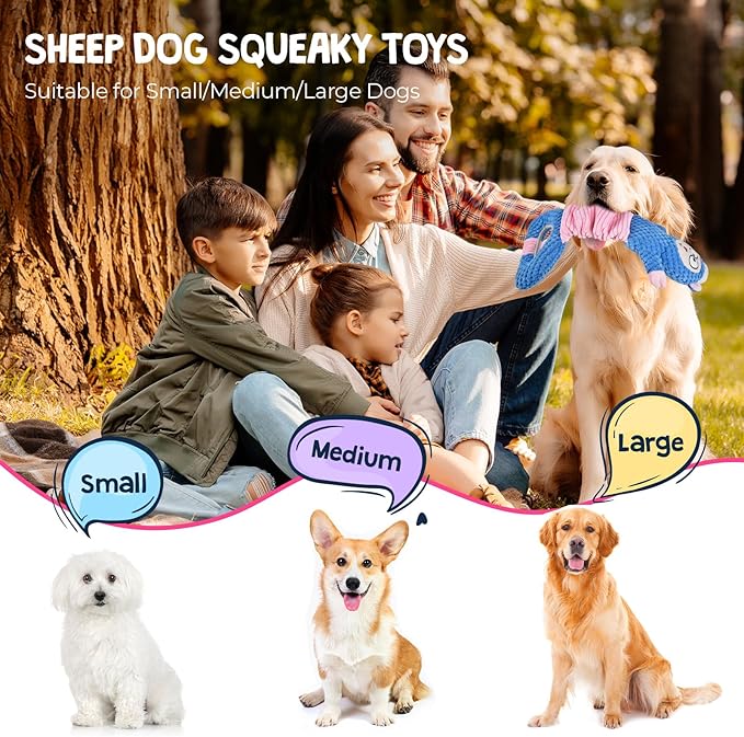 Dog Squeaky Toys, Sheep Plush Stuffing Dog Toys with Crinkle Paper for Puppy Teething, Tug of War Pet Chew Toys to Keep Them Busy, Small, Medium and Large(Blue)