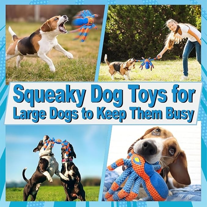 LEGEND SANDY Dog Toys for Aggressive Chewers, Large Dog Toys to Keep Them Busy, Interactive Pet Toys, Squeaky Puppies Toys, Tug of War Puppy Toy, Crinkle Doggeis Toy (Blue Spider)