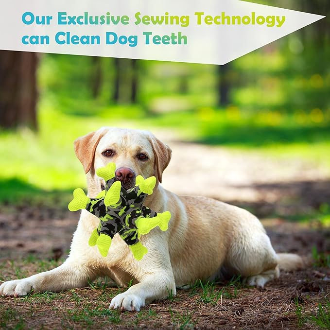 Dog Chew Squeaky Toys, Dog Teeth Cleaning Toy, Tug of War, Stuffed Jack Bone Toy with Squeakers, Interactive Toy for Small Medium Large Dogs,Green