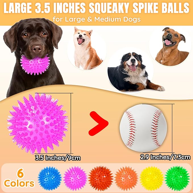 6-Pack 3.5” Squeaky Dog Balls, Durable Soft Spiky Chew Rubber Fetch Toy Balls for Large Medium Aggressive Chewers Teeth Cleaning Chewing Playing Training & Boredom Buster Indoors Outdoors