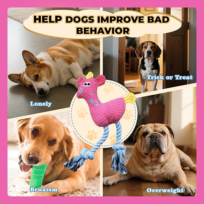 Squeak Plush Dog Toys for Small & Medium Breeds, Chew Resistant Rope to Keep Them Busy for Puppy Teething Chewing, Interactive Indoor/Outdoor Play, Best Pet Gift, Pink Deer