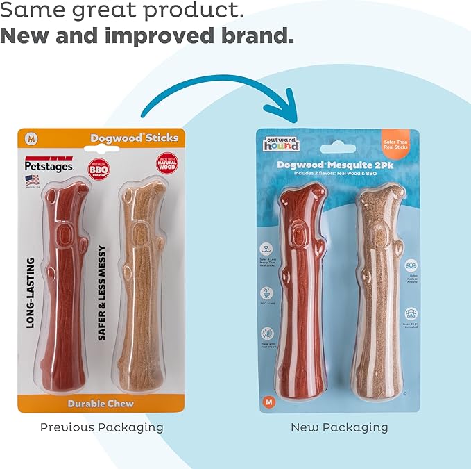 Outward Hound Dogwood Durable Dog Chew Toys, Real Wood & Mesquite, 2-Pack, Medium