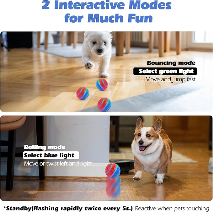 Pet Prime Interactive Dog Toy Ball, Durable 2 Modes Motion Active Rolling Ball for Dogs, USB Rechargeable Automatic Self Moving Dog Ball with LED Lights for Puppy, Small, Medium, Large Breed Dogs/Cats