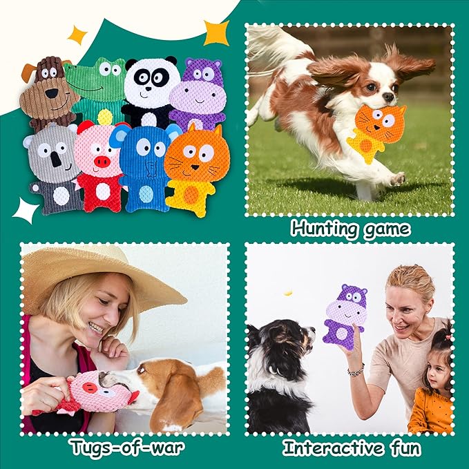 No Stuffing Dog Squeaky Toys, 8 Pack Cute Animal Durable Plush Interactive Teething Chew Toys, Pet Entertaining Toy for Puppy & Small Medium Breeds