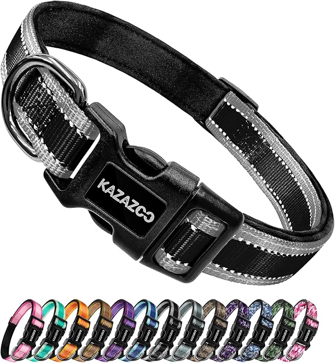 Reflective Dog Collar with Soft Padding Dog Collar for Medium & Large Dogs, No Pull, Heavy Duty, Adjustable Nylon Collar with Quick-Release Buckle, Walking Training-Black-XL