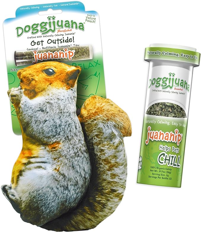 Doggijuana Refillable Juananip Toy Bundle | Squirrel Bundle | Funny Dog Toy Plush with Catnip and Refill | Calming Aid for Dogs | Interactive Chew Toy for Play