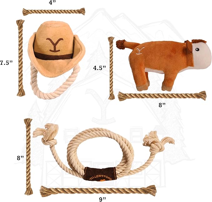 design LAB, Inc. Official Yellowstone Merchandise | Indoor Dog Toy Bundle Variety Gift Set | Lasso Rope, Plush Squeaky Brown Cow, and Cowboy Toy Hat with Tug Rope