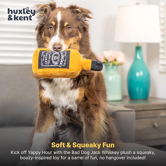 Huxley & Kent Funny Dog Toys w/Squeaker & Crinkle - Stimulating & Interactive Chew Toy for Dogs - Mesh Lined Stuffed Doggie Toy-Easy to Clean Doggie Toys for All Breeds (Bad Dog Jack's Whiskey,Large)