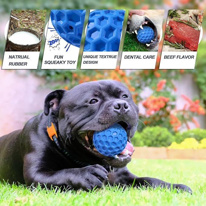 Squeaky Dog Balls, 2 Pack Indestructible Dog Toys for Aggressive Chewers Large/Medium Breed, Natural Rubber Interactive Chew Toys for Teeth Clean, Relieves Anxiety（Blue + Orange）