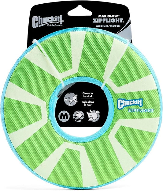 Chuckit! Max Glow Zipflight Flying Disc Dog Toy - Water Floating Flyer for Beach and Pool - Durable Polyester Construction - For Medium and Large Dogs - Size Medium - 8.5” L x 8.5” W - Pack of 1
