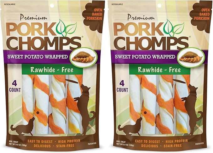 Pork Chomps Baked Pork Skin Dog Chews, 6-inch Twists, Real Sweet Potato Wrap, 4 Count (Pack of 2)