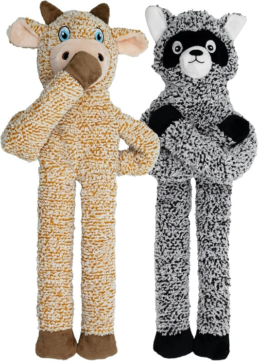 2 Pack Dog Toys with Squeakers, Plush Teething Toys to Keep Them Busy, No Stuffing Crinkle Interactive Dog Animals, Cute Funny Dogs Gifts for Small Medium Large Breed (Raccoon Cattle)