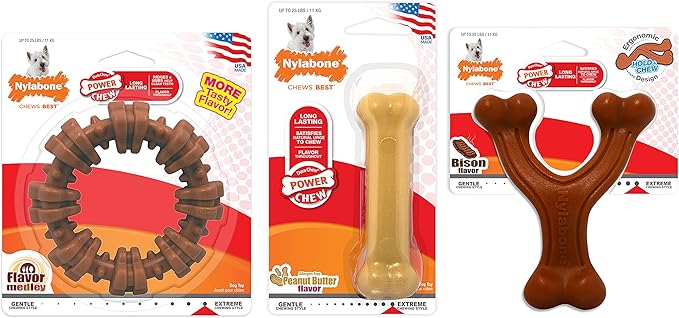 Nylabone Customer Favorites Power Chew Toy Bundle for Dogs, Indestructible Dog Toys for Aggressive Chewers, Pack of 3 Dog Toys, Flavor Medley, Small Dogs - Up to 25 lbs, 3 Pack