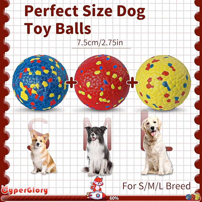 3 Pack Indestructible Dog Tennis Balls for Aggressive Chewers: Interactive Pet Toys, Herding and Jolly Ball for Dogs, Durable, Bouncy, and Water Toy Fetch Balls (Red, Yellow,Blue)