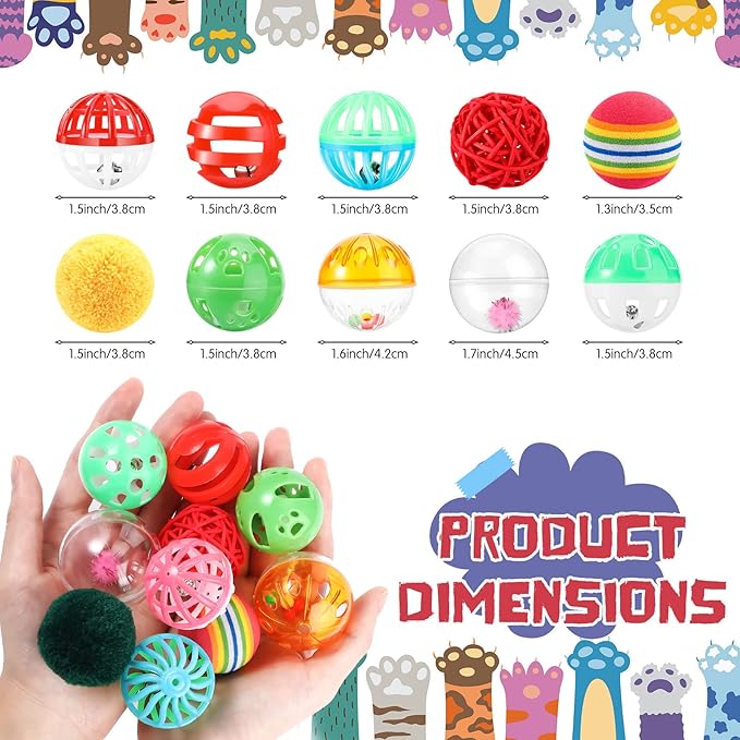 Hungdao 100 Pcs Cat Toys Bulk Plastic Small Crinkle Ball Assorted Cat Balls with Bell for Kitten Chase Pounce Rattle Play Toys, Assorted Color