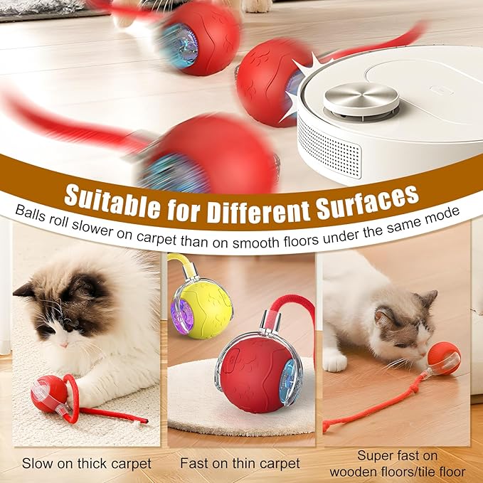 360 Smart Automatic Rolling Pet Ball,Interactive Cat Toys Balls,Automatic Moving Cat Balls,Interactive Cat Toys for Bored Indoor Cats (Red)