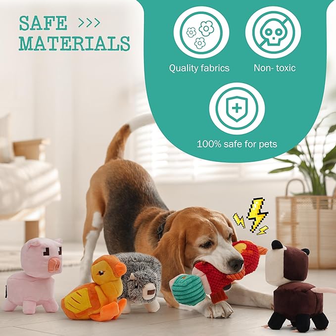 Dog Squeaky Toys 5 Pack, Square Pixel World Style Different Animals Durable Stuffed Plush Dog Toy to Keep Them Busy for Small Medium Large Dogs