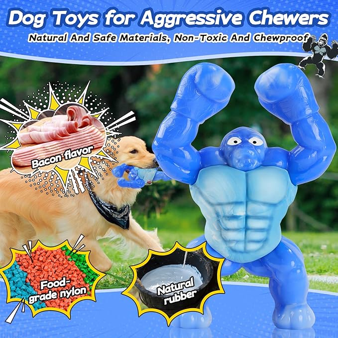 Dog Toys for Aggressive Chewers, Indestructible Chew Toys for Medium Large Breeds(20-80lb), Durable Squeaky Tough Dog Toy to Keep Them Busy (Bacon Flavor, Blue)