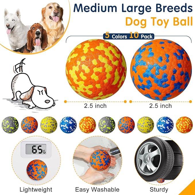 Leyndo 10 Pack Dog Balls for Aggressive Chewers 2.5" Interactive Dog Tennis Ball Durable Teething Chew Toys Lightweight Floating Bouncy Balls for Fetch Game Large Medium Small Canine Puppies