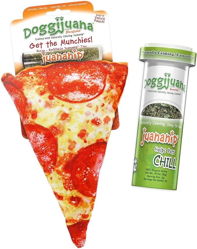 Doggijuana Refillable Juananip Toy Bundle | Pizza Bundle | Funny Dog Toy Plush with Catnip and Refill | Calming Aid for Dogs | Interactive Chew Toy for Play