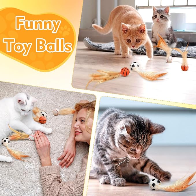 6 Pack Interactive Cat Ball Toys,Bouncy Ball with Natural Feathers for Indoor Cats and Kittens,Elastic Cat Toy Balls for Cats Playing Exercise