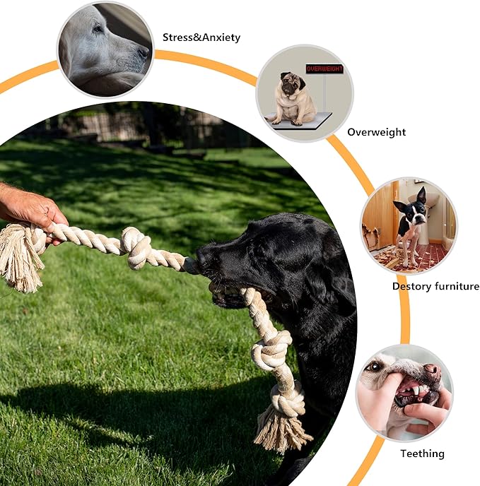 PetiFine Dog Rope Toys for Aggressive Chewers, Heavy Duty Cotton Chew Toys for Large Medium Dogs- 3 Feet 5 Knots Tough Interactive Tug of War Dog Pull Rope, Teeth Cleaning