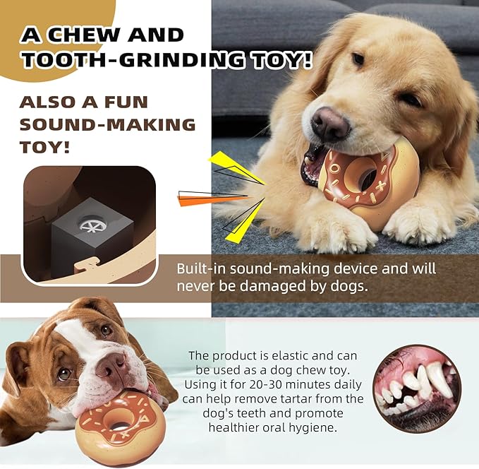 Dog Chew Toys for Aggressive Chewers, Indestructible Tough Squeaky Mental Stimulation Teeth Grinding Interactive Dog Chew Toys for Small/Medium/Large Dog Breeds, Creamy Scent Donut Brown