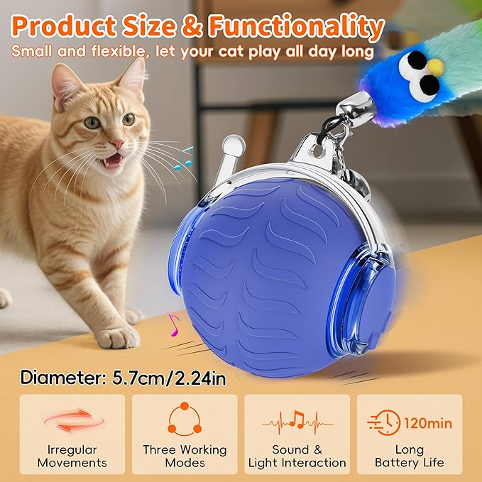 UPSKY Interactive Cat Toy Ball for Indoor Cats, Automatic Moving Electric Rolling Cat Ball Toy, 3-Speed Modes Smart Kitten Toys with Sounds, USB Rechargeable & Sturdy for Bored Kittens/Adult Cats