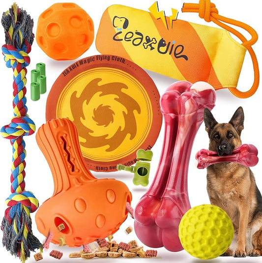 Zeaxuie 12 Pack Heavy Duty Various Dog Chew Toys Pack for Aggressive Chewers - Includes Large Rope Toys, Squeaky Toys & Indestructible Chew Bone for Medium, Large & X-Large Dogs (for Super Chewers)