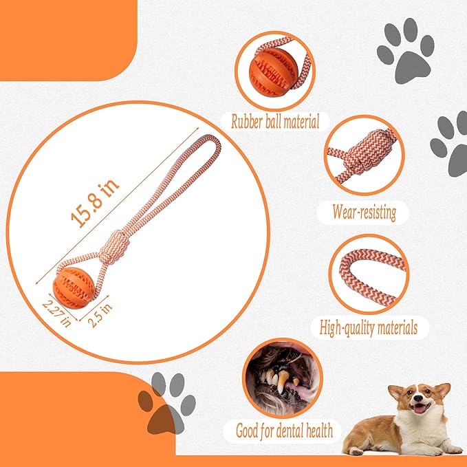 Dog Rope Toy for Medium and Small Dogs, Interactive Puppy Toys Tug of War Toy with Rubber Ball, Durable Outdoor Puppy Chew Toys for Teeth Cleaning, Fetch & Training (Orange)