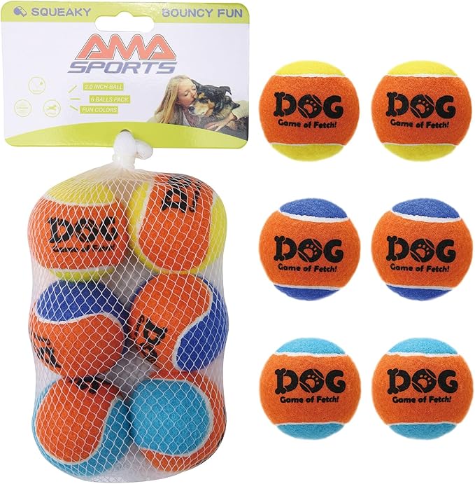 AMA SPORT Squeaky Tennis Balls for Dogs 2.0" Small Dog Tennis Balls for Throwing and Fetching Dog Toys for Training, Exercise, High Bouncing 6 Pack (Multicolor A)