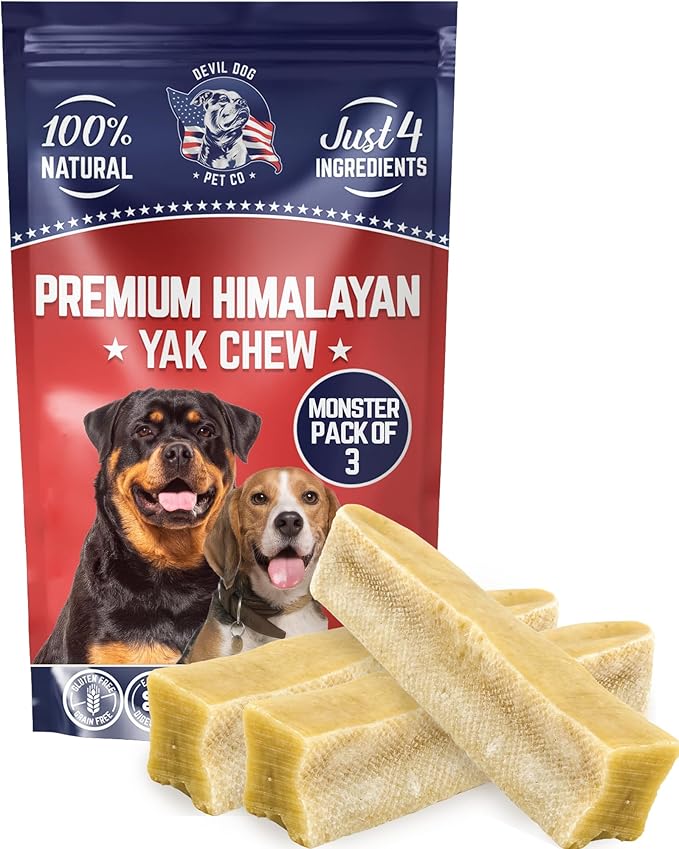 Devil Dog Pet Co. Himalayan Yak Cheese Dog Chews, Monster - 3 Pack, 100% Natural & Healthy, Lactose-Free, Long-Lasting Dog Treats, Premium Yak Milk Chew Bones for Dogs
