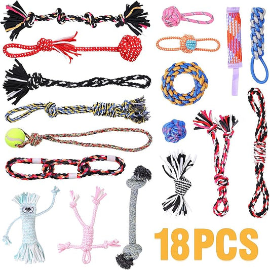 18 Bulk Various Dog Rope Toys for Teething, Entertainment & Interaction, Dog Chew Toys, Training Tug Balls and Squeaky Toys for Medium&Small Puppies.