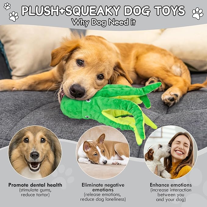 2 Pack Octopus Squesky Dog Toys for Large Medium Small Dogs, Stuffed and Tough Plush Dog Toys for Aggressive Chewers (Green+Yellow)