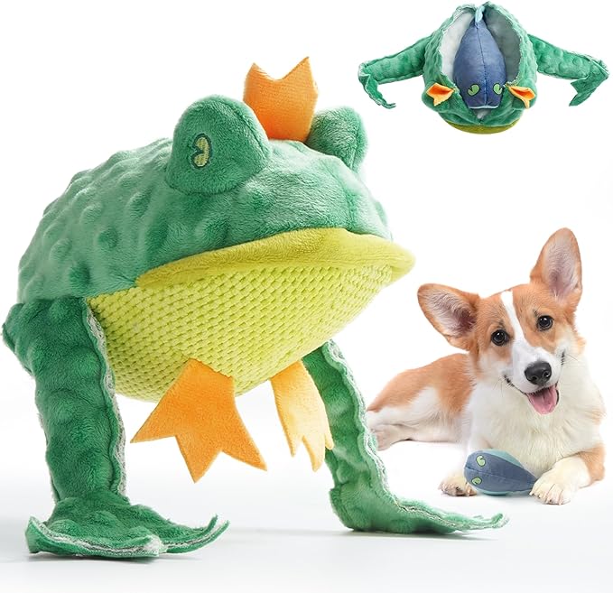 Nocciola 2 in 1 Frog Prince Plush Dog Toy, Rip and Reveal Interactive Toys with Hidden Tadpole Inside Play Tug-of-War Game for Dogs and Puppies