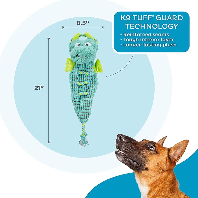 Outward Hound Ropiez Rope Interactive Dog Tug Toy for Tugging Squeaky Fun, 21 Inch Dragon, Blue, Medium