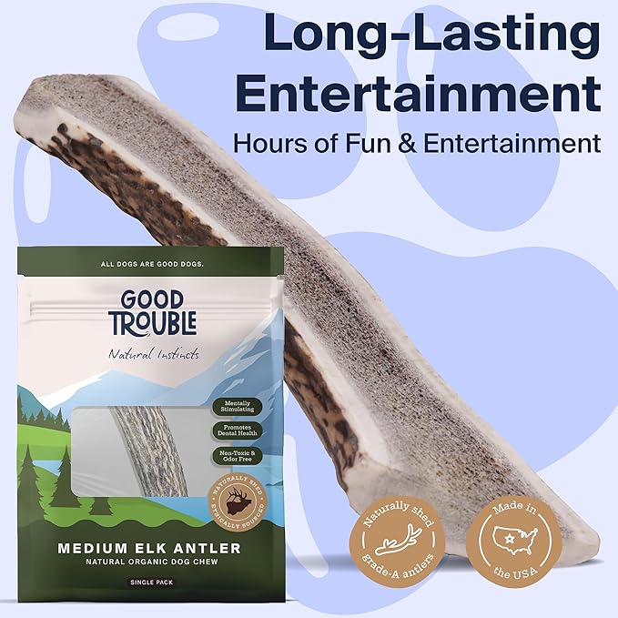 Good Trouble Premium Elk Antlers for Medium Dogs – 1 Pack Split - All-Natural, Shed Antler Chews for Dental Health & Calming - Durable Dog Bones - Cruelty-Free, North American Sourced