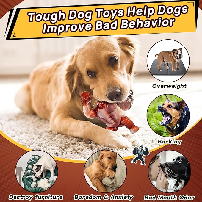 Tough Dog Toys for Aggressive Chewers – Indestructible Chew Toys for Medium & Large Dogs, Squeaky Toys to Keep Them Busy, Reduce Anxiety, Bacon Flavor