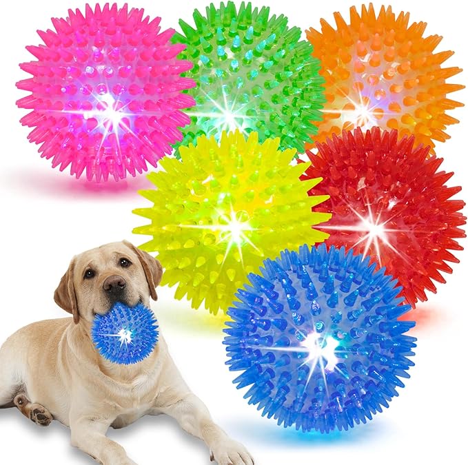 3.5" Light Up Squeaky Dog Balls,Led Dog Balls 6 Colors for Teething, BPA Free Non-Toxic,Spiky Dogs Ball Durable Toys for Aggressive Chewers Large Medium and Small Dogs Tennis Ball for Dogs