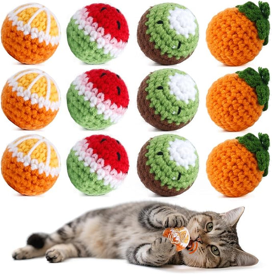 12 Pack Cat Toy Balls, Hand-Knitted Woolen Yarn Cat Balls Toy with Bell Inside, Interactive Kitty Toys for Indoor Kitten Teething, Chasing & Self Play(Fruit-Shaped)