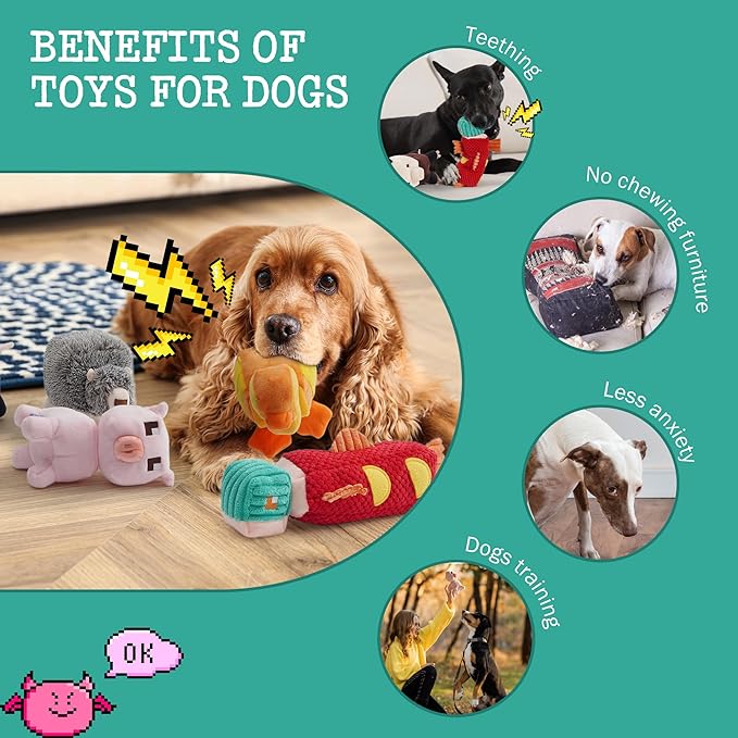Dog Squeaky Toys 5 Pack, Square Pixel World Style Different Animals Durable Stuffed Plush Dog Toy to Keep Them Busy for Small Medium Large Dogs